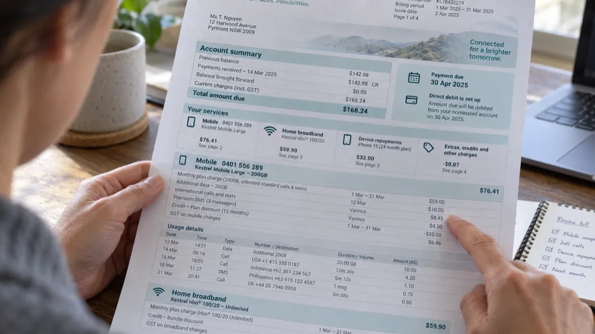 A customer reviewing a telco bill, pointing at a line item