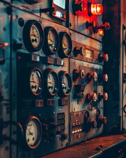 A wall of vintage control panel dials and switches